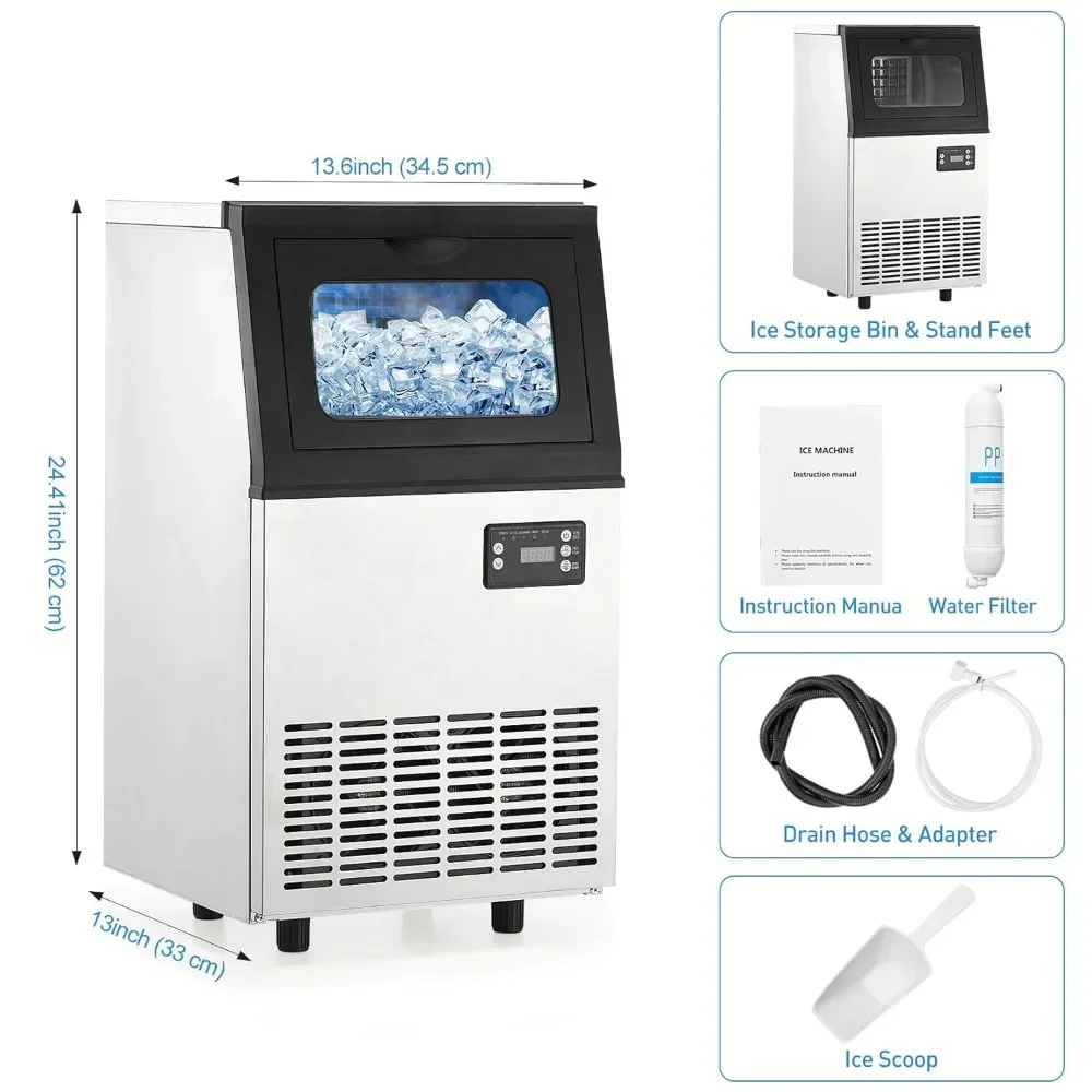 Machine à glaçons avec bac de stockage de glace, système de filtration d'eau, comprend des cuillères, idéal pour la maison, 110lb, 24h, 18lb