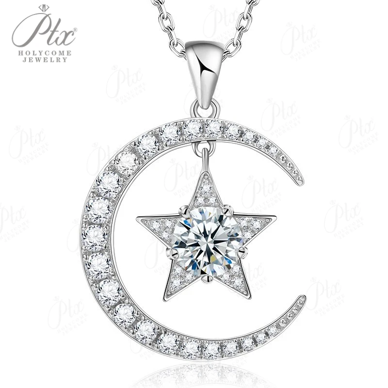 925 Sterling Silver Gold-Plated Moon and Star Pendant Necklace set with D/VVS1 grade moissanite suitable as a gift