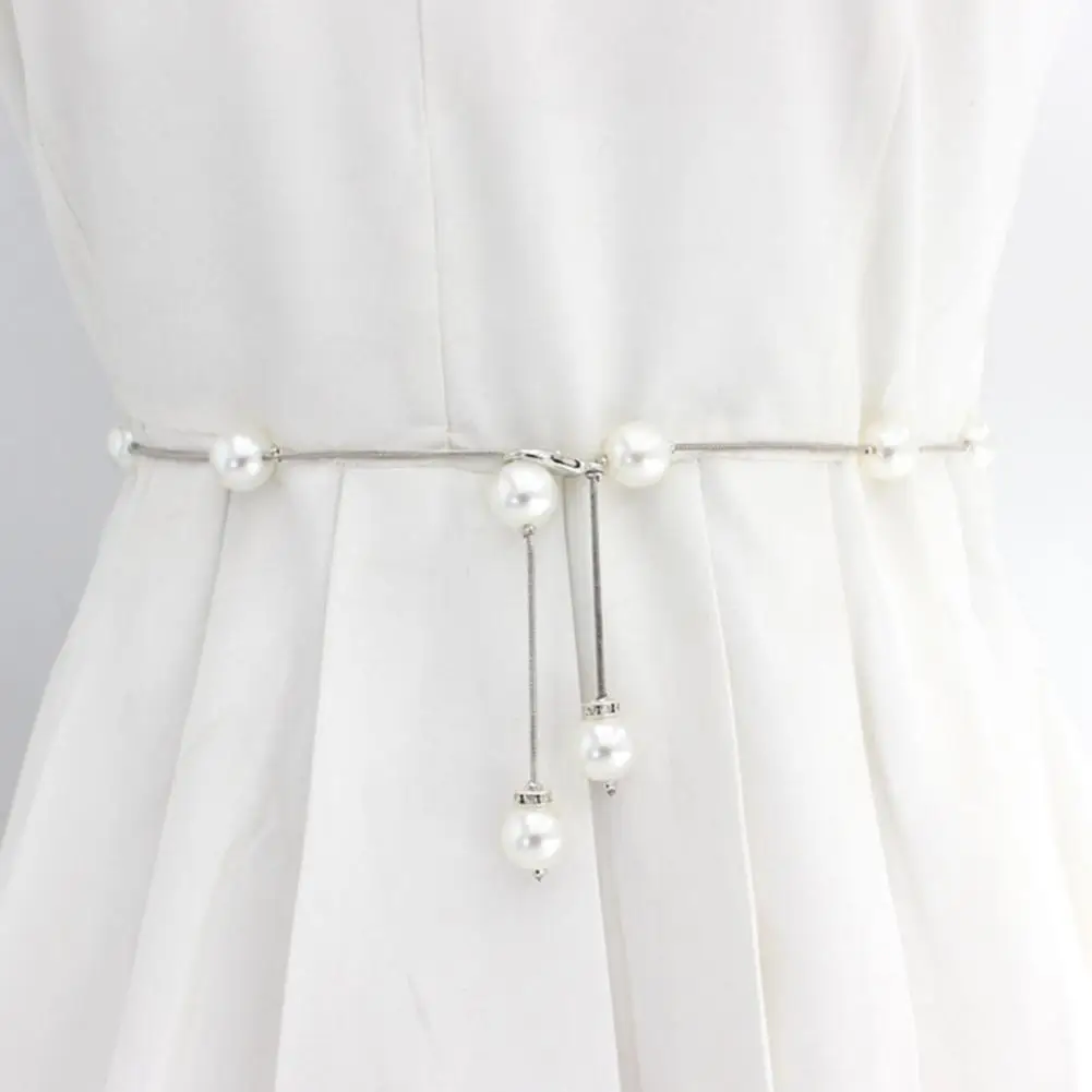 Elegant Pearl Women's Belt Simple Adjustable Metal Thin Chain Belt For Ladies Dress Skinny Waistband Decorative Jewelry