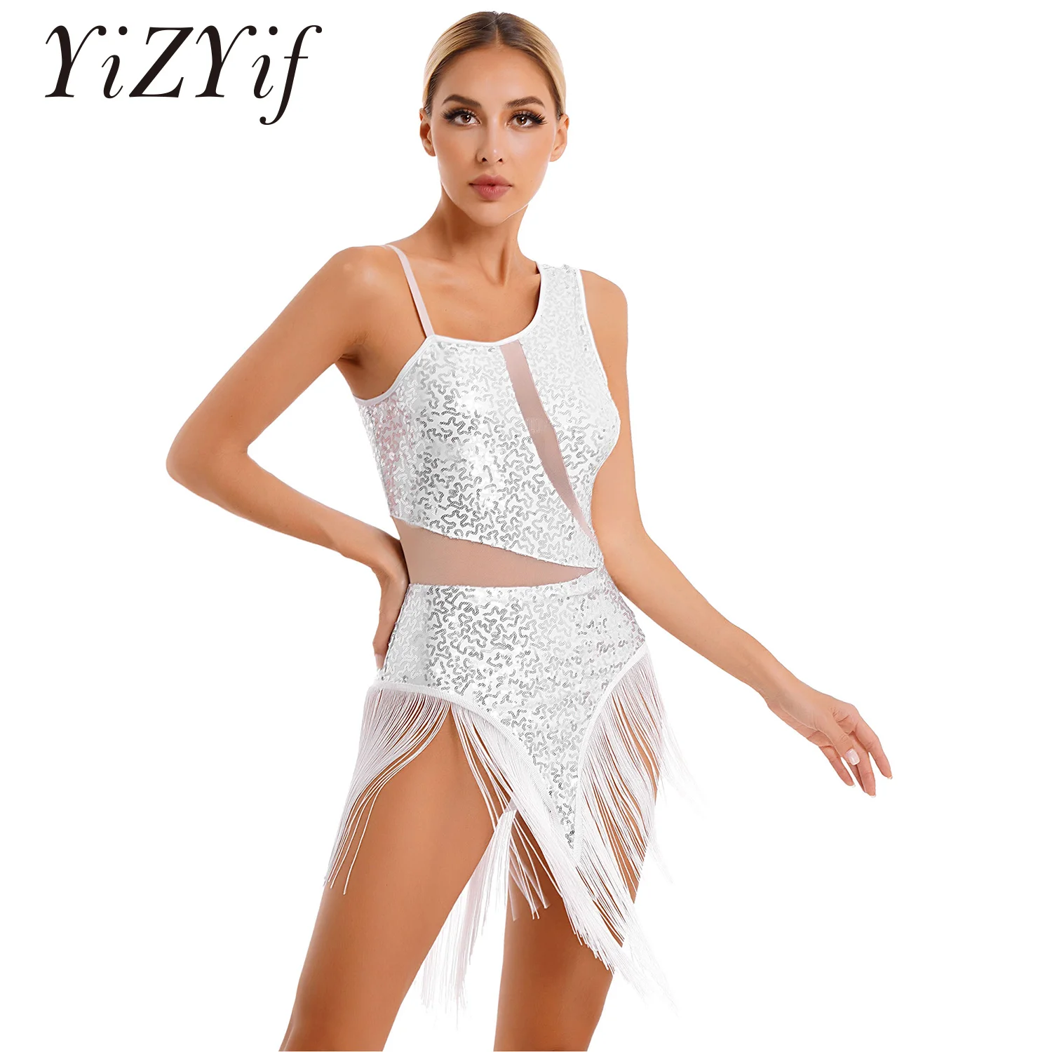 Womens Latin Dance Dress Sparkling Sequin Fringed Performance Training Costume Shoulder Straps Tassel Jazz Ballet Leotard Dress