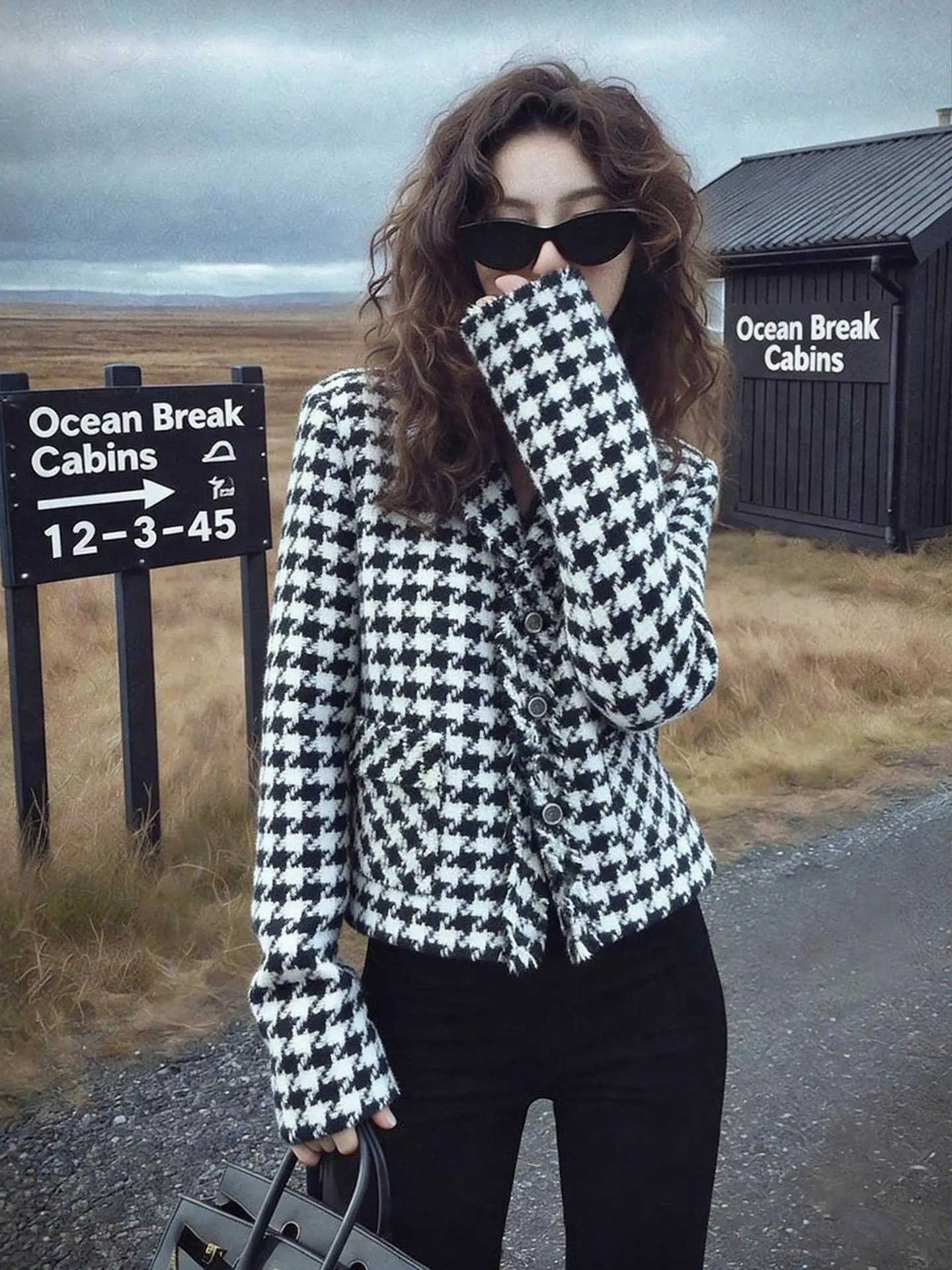 

Корейский женский кардиган с узором «гусиная лапка», роскошный черно-белый клетчатый кардиган, весенняя новинка, элегантный стиль