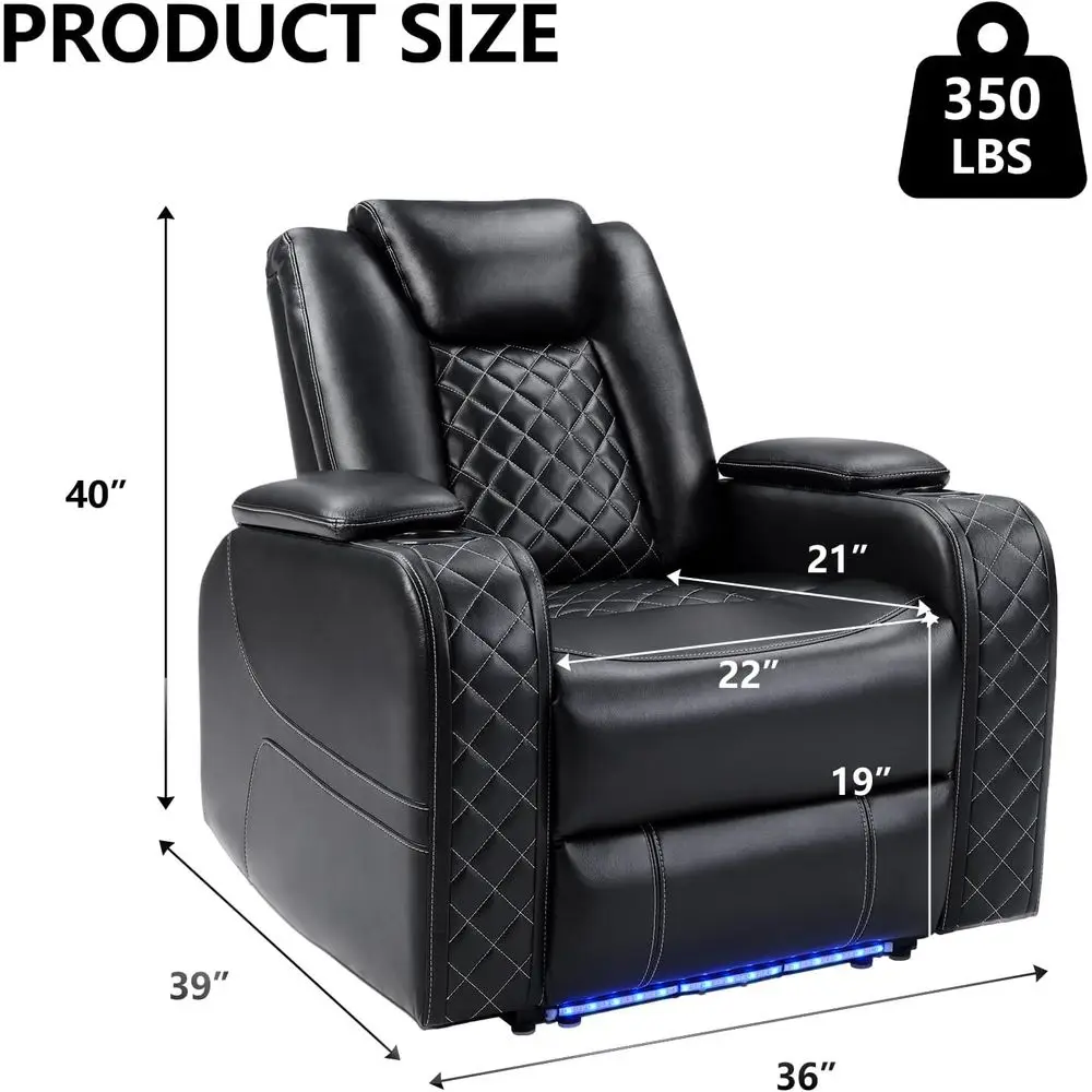 Adjustable Rest, Breathable Leatherette Home Theater Recliner with Ambient Lighting, Cup Holders, Storage, USB & Type-C Ports, B