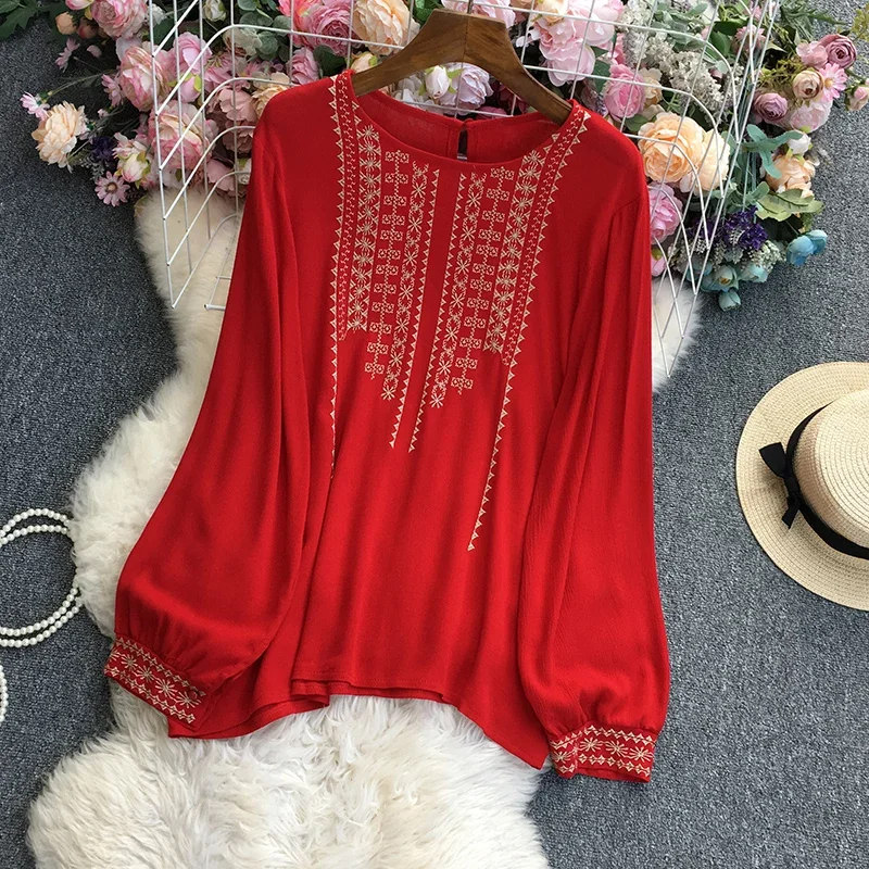 

Chic Blouse O-Neck Shirts Women Loose Fit Shirt Embroidered Tops Female Casual Blouses Long Lantern Sleeve Blusas Dropshipping