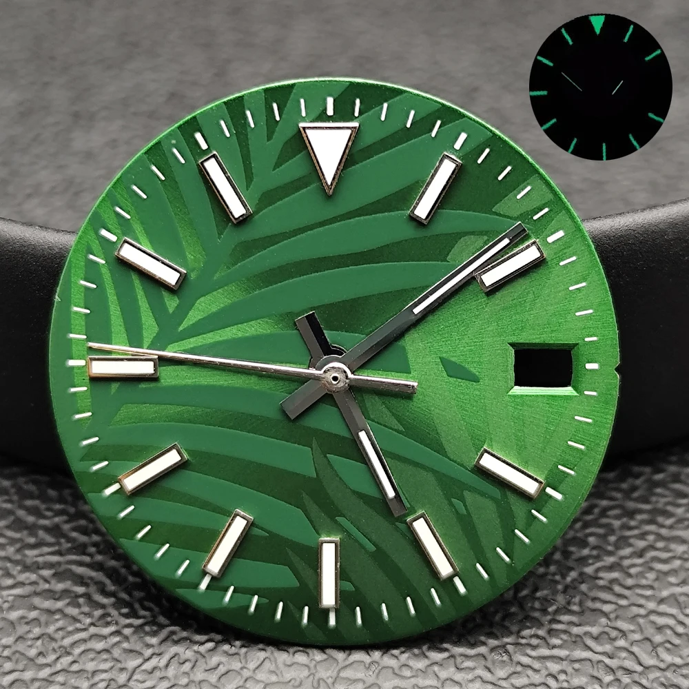 Esfera luminosa verde de 28,5mm, esfera individual/sin calendario con accesorios de movimiento N H35/NH36, piezas de reloj, esfera estéril personalizada