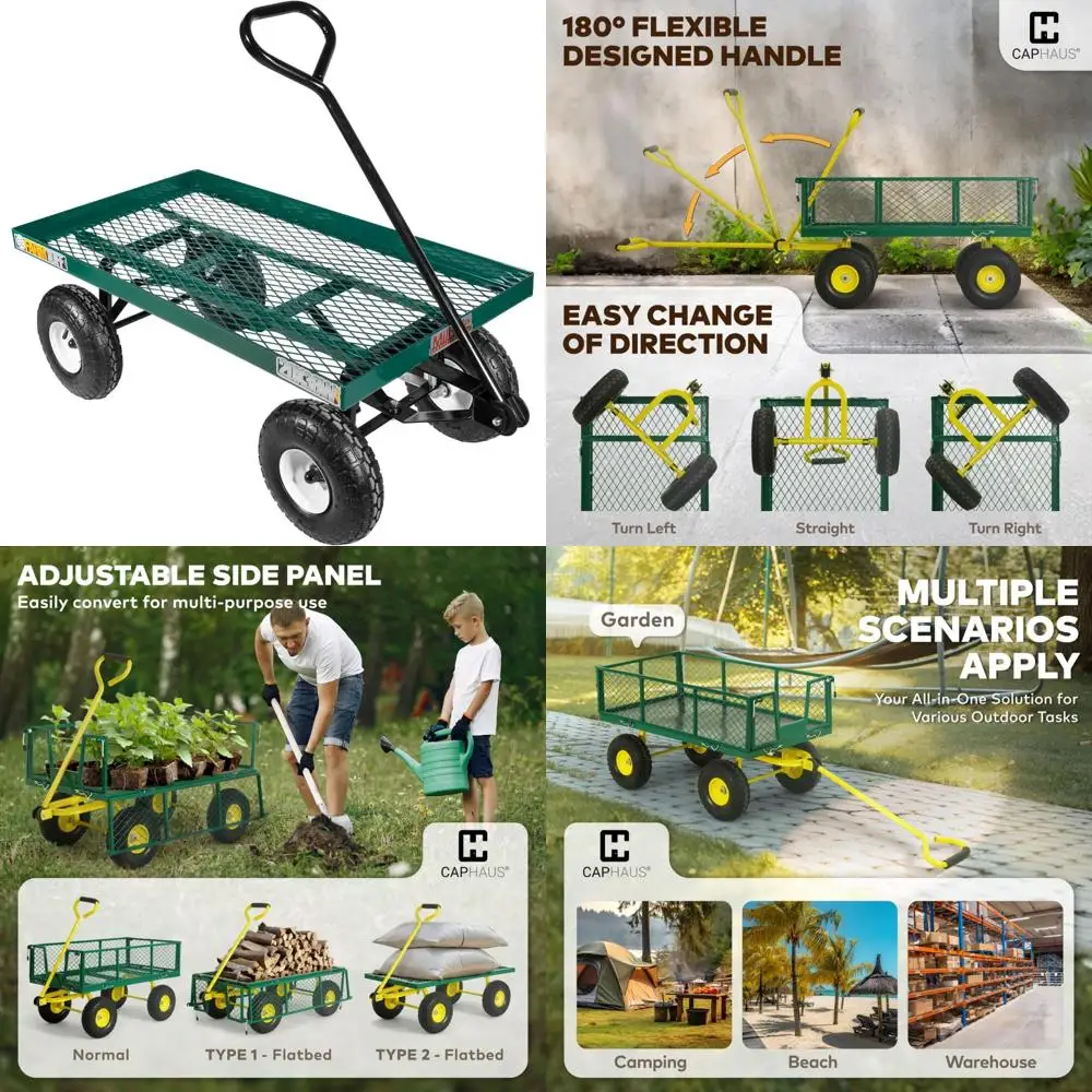 

Sturdy Metal Deck Garden Utility Wagon with Air-Filled Tires for Outdoor Transport, Green, 20 x 38