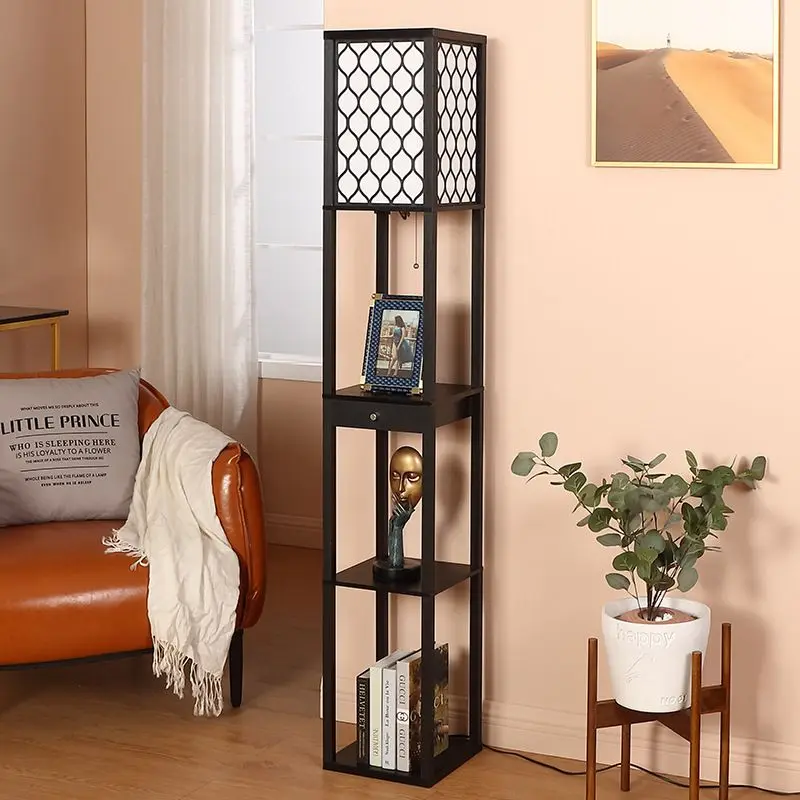 Modern New Chinese Minimalist Wood Standing Lamp with Storage Shelf Multi Scene LED Floor Light