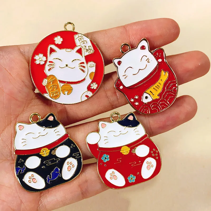 10pcs Lovely Rich Lucky Fish Cat Enamel Charms Japan Mascot Zinc Alloy Pendants Diy For Earring Keychain Jewelry Make