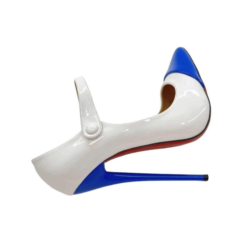 

16cm Lacquered Heel Buckle Pumps Mixed Color Patent Leather Pointed Toe Shoes Sexy Extreme Stilettos Large Size Heels for Women