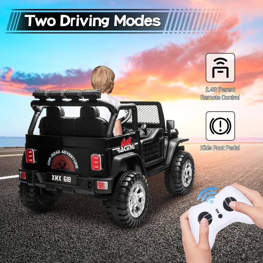 รถบรรทุกเด็กนั่งขับ 2 ที่นั่ง พร้อมรีโมท แบตเตอรี่ 12V รถยนต์ไฟฟ้าสำหรับเด็กผู้ชาย 3 ขวบขึ้นไป - ระบบกันสะเทือนแบบสปริง ไฟ LED ปลอดภัย