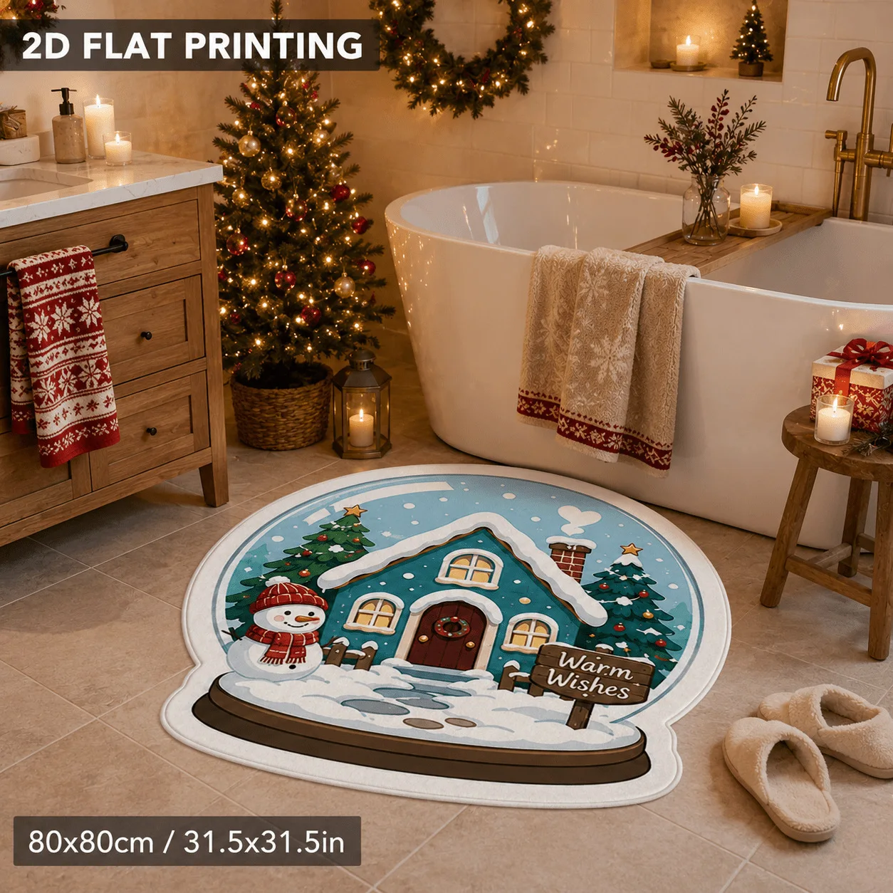Christmas Santa Hat Shaped Faux Cashmere Area Rug Soft Non‑Slip Decorative Floor Mat for Bedroom Entrance Xmas Home Decoration