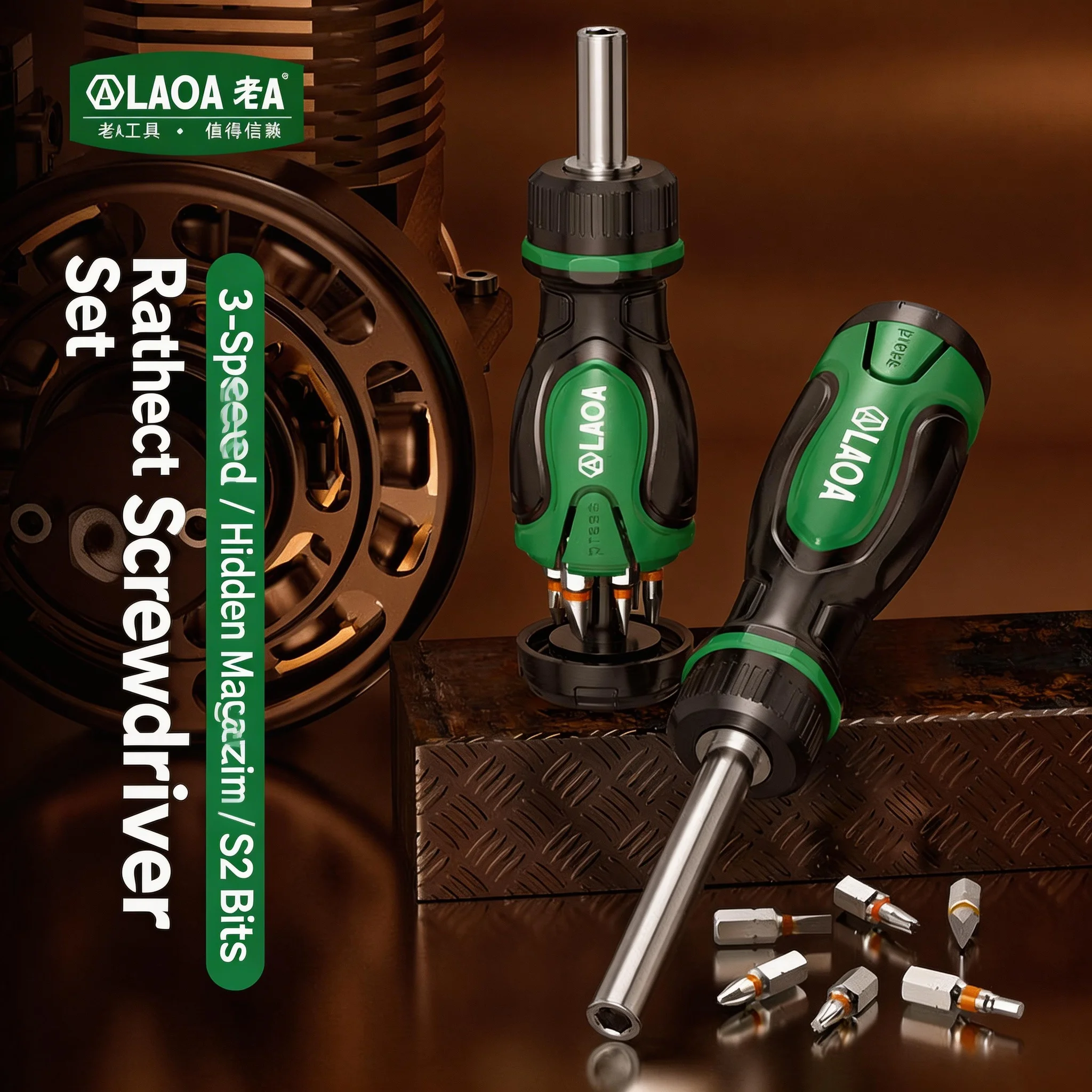 LAOA S2 Schraubendreher-Bit-Set aus legiertem Stahl mit verstecktem Magazin, Multifunktionswerkzeug, 3-Positionen-Ratschenschraubendreher-Kit, magnetischer Bit-Satz