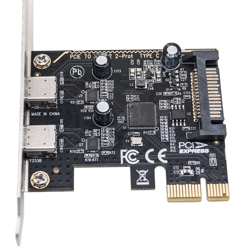 PCIe เป็น Dual Type C การ์ดขยาย PCI X1ด่วนเป็น2พอร์ต TYPE-C USB 3.2 GEN1 5Gbps แปลงการ์ด Riser ชิป ASM1042สำหรับเดสก์ท็อป