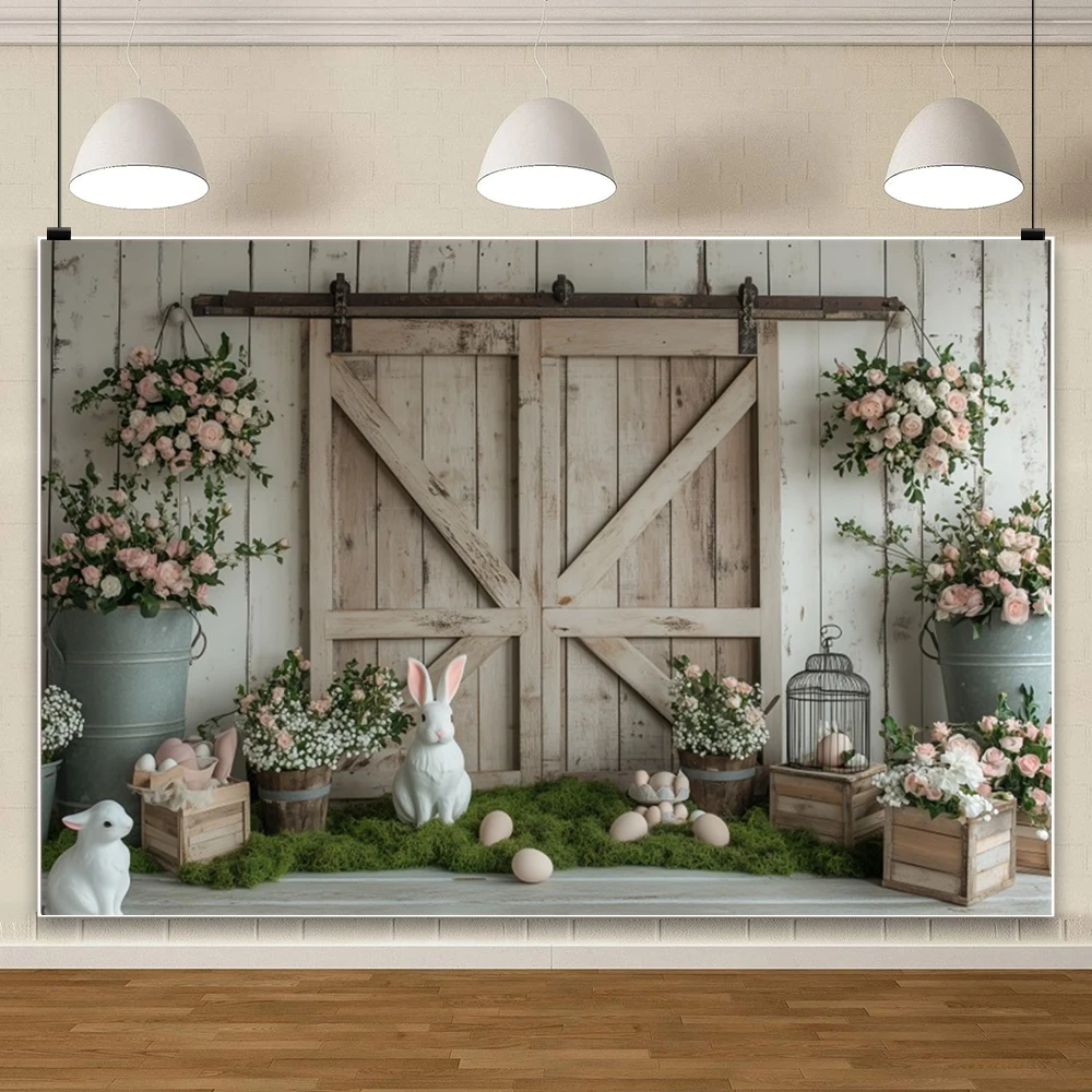 Rustic Easter Photo Booth Backdrop Wood Door Bunny Floral Decor Farmhouse Spring Party Theme Photo Studio Background Decoration