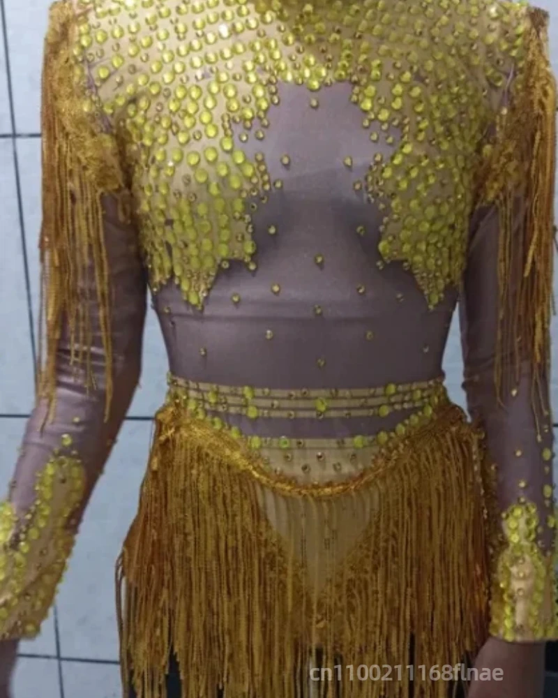 금색과 은색 스팽글 태슬 탄력성 있는 타이트 핏 의상 라틴 댄스 무대 의상 DJ 가수 댄서 공연 의상