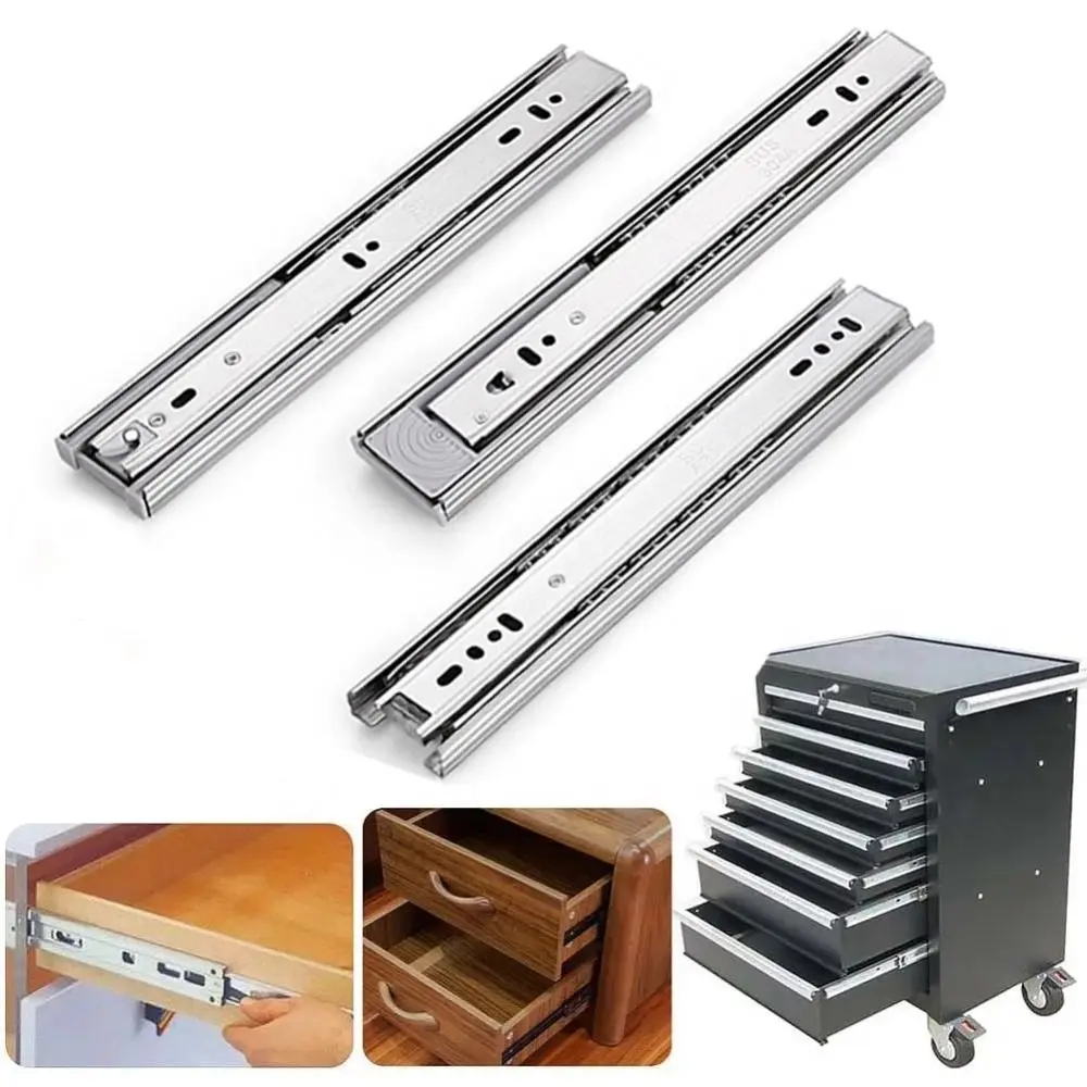 2 Pcs Stainless Steel Drawer Slides Three-Section Silent Closing Mute Slide Rail Hydraulic Damping 10-20 Inches