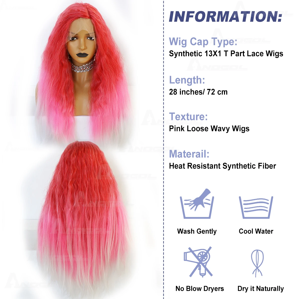 ANOGOL Synthetic 28IN Pink Loose Wavy Wig Highlighting White Ombre Peachpuff Gradient Fuchsia Cosplay Wig for Women Halloween