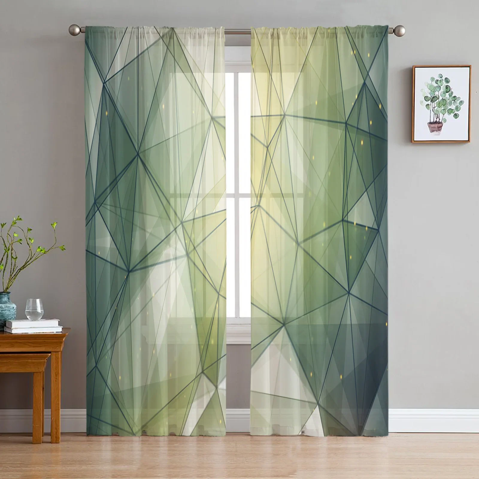 Dark Green Triangle Irregular Graphic Chiffon Sheer Curtains for Living Room Bedroom Home Decoration Window Voiles Tulle Curtain