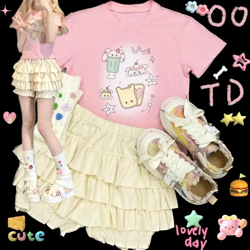 Laço Abóbora Puffy Meia Saia Do Bolo, Lolita Mini Saia, Shorts Meninas, Designer de Moda Coreano, Roupas de Luxo, Rosa, Y2k