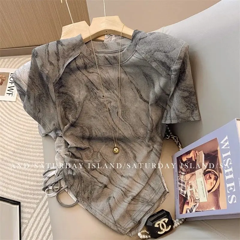 High Street Short Sleeve Tie Dye Drawstring Irregular Tops New Summer Youth Slim Fashion T Shirts Korean Trend Women Clothing