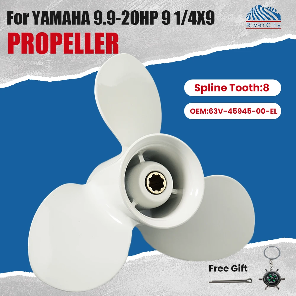 Outboard Propeller 9 1/4x9 fit Yamaha 9.9 15 20HP Boat Aluminum Alloy 3 Blade 8 Spline Tooth Marine Engine Part 63V-45945-00-EL