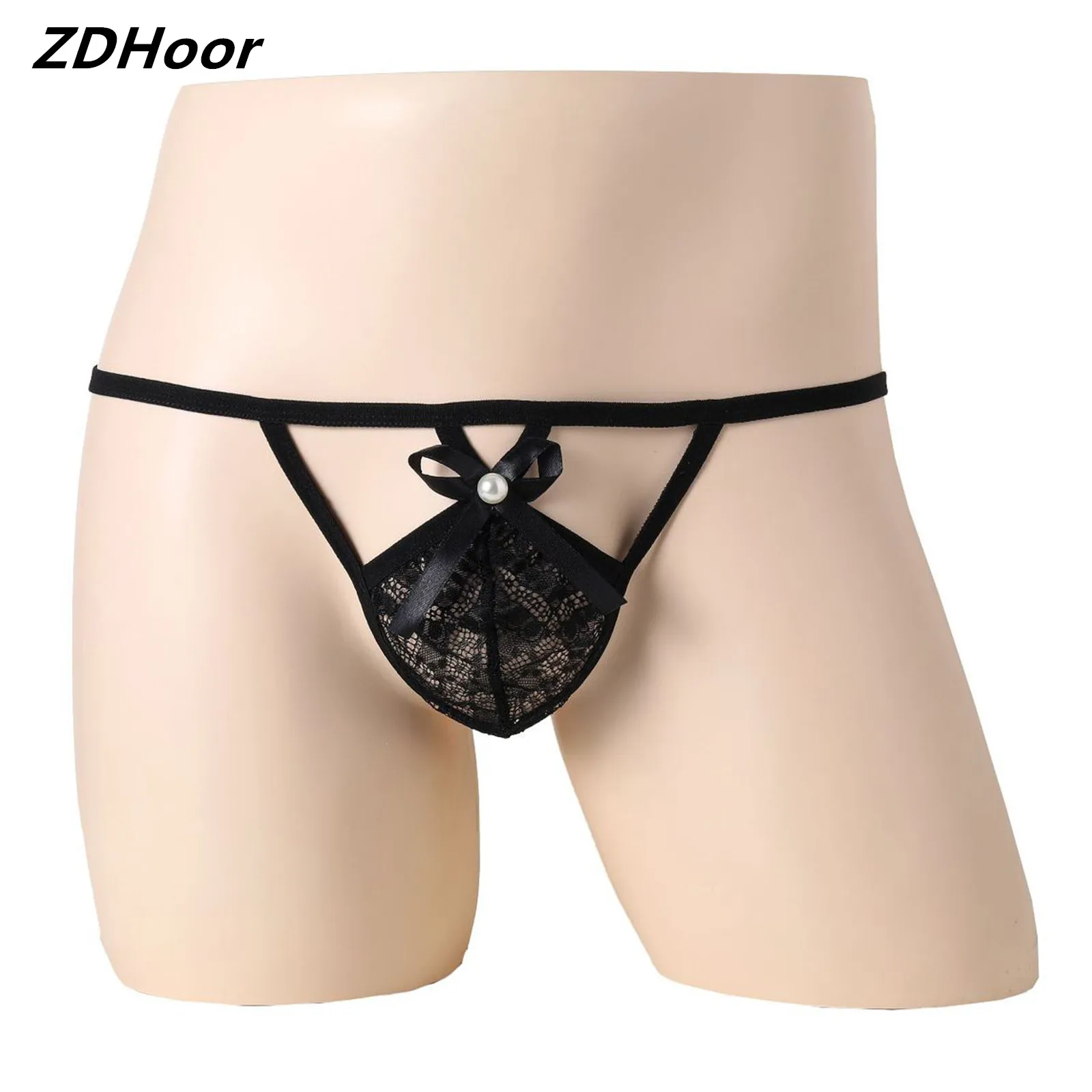 

Mens Low Rise Cut Out Lace Thong Elastic Waist T-Back Bowknot Adorned See-Through G-String Tempting Nightwear Lingerie