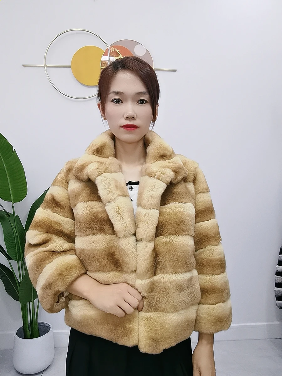 Curry Fashion Sexy Fur Dragon Cat Stripe really Rex Rabbit Women Fur Coat Short jacket 2023 Winter Warmth