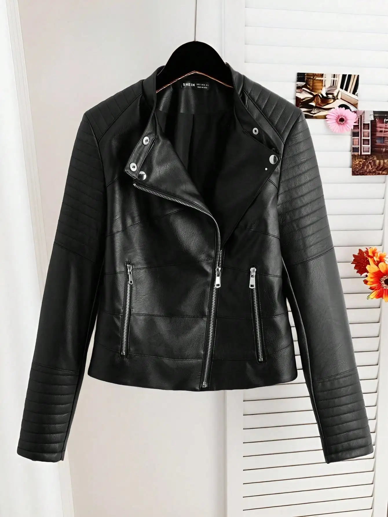 

Women's Black PU Moto Jacket with Asymmetrical Zipper and Quilted Sleeves for Fall Winter