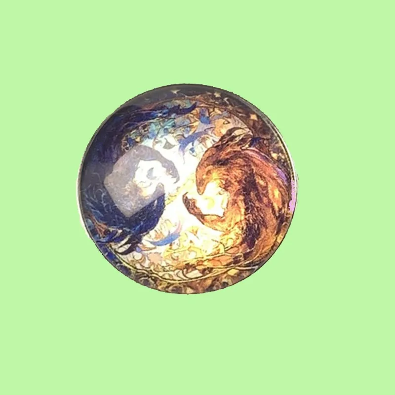 Wholesale Alloy Round Time Gem Brooch Yin Yang Taiji Dragon Phoenix Lapel Pin Abstract Divine Creature Glass Badge Myth Art Gift