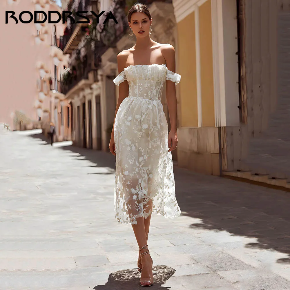 RODDRSYA Off Shoulder Floral Lace Wedding Dresses Ivory A-Line Midi Occasions Gowns Modern Backless vestidos de novia Customized
