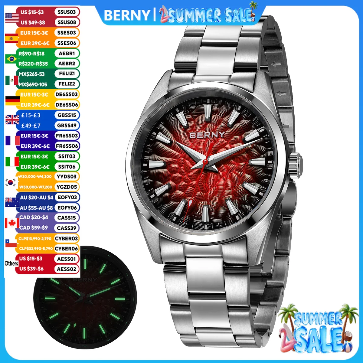 

BERNY Men's Watch 10ATM Sapphire Luminous Fashion Quart Watches Full Stainless Steel Classic Dress Business Wristwatch