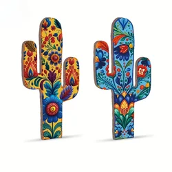 1pc, Mexican Style Cactus Shaped Wooden Signs, Mexican Tiles Pattern Plate Decoration Wall Art Painting Decor for Living Room