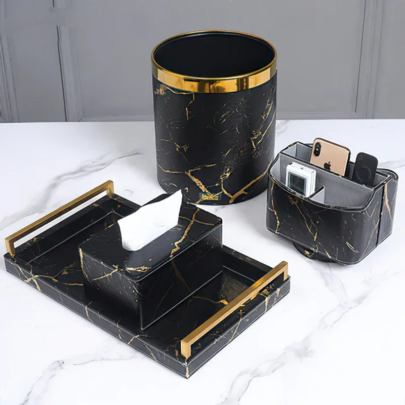Nordic Marbled Leather Tray Rectangular Metal Handle Plate Storage Trays Decorative Home Hotel Coffee Table Service Plate Large