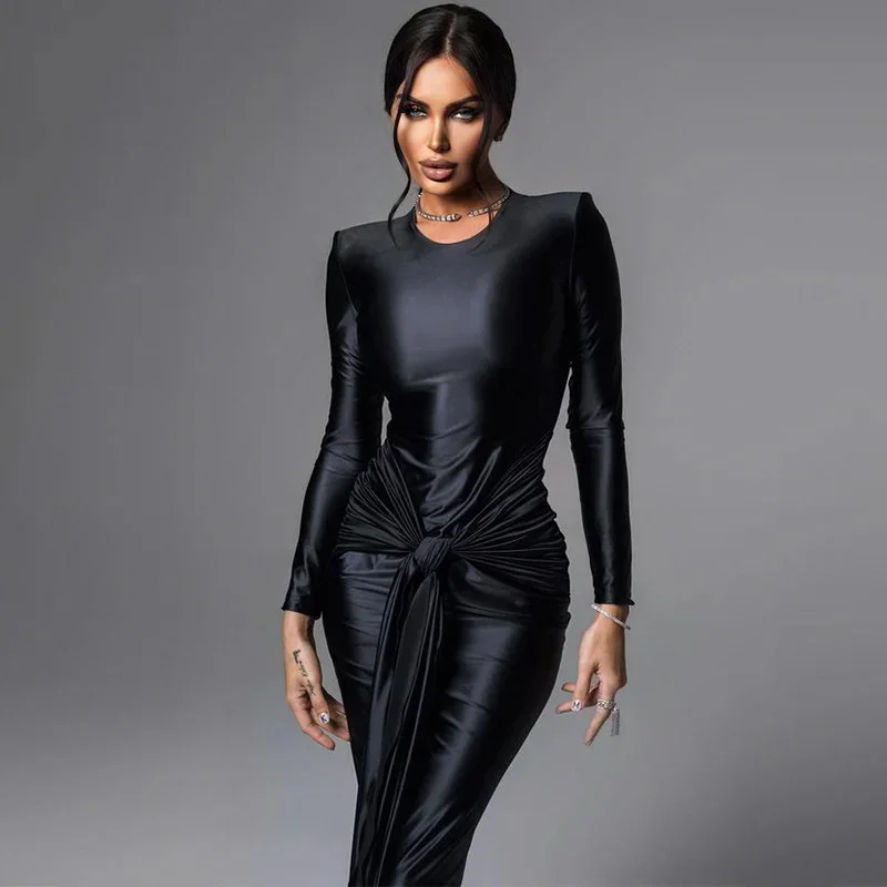 Elegante abito da sera a sirena con effetto nastro Solido o collo con spalline Abito aderente a maniche lunghe Abito da festa per banchetti da donna chic