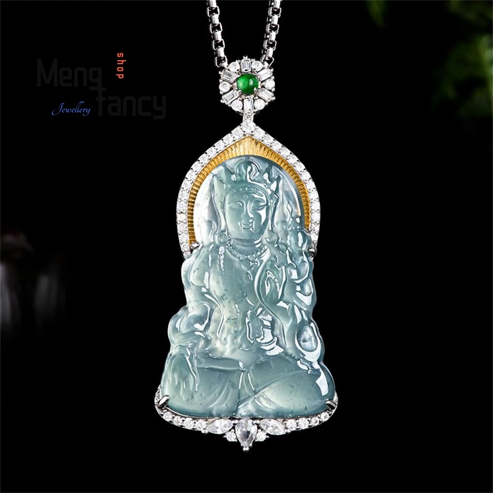 

Natural A-goods Jadeite Blue Water Tara Goddess Of Mercy S925 Silver Inlaid Ice Jade Pendant High-grade Luxury Fashion Jewelry