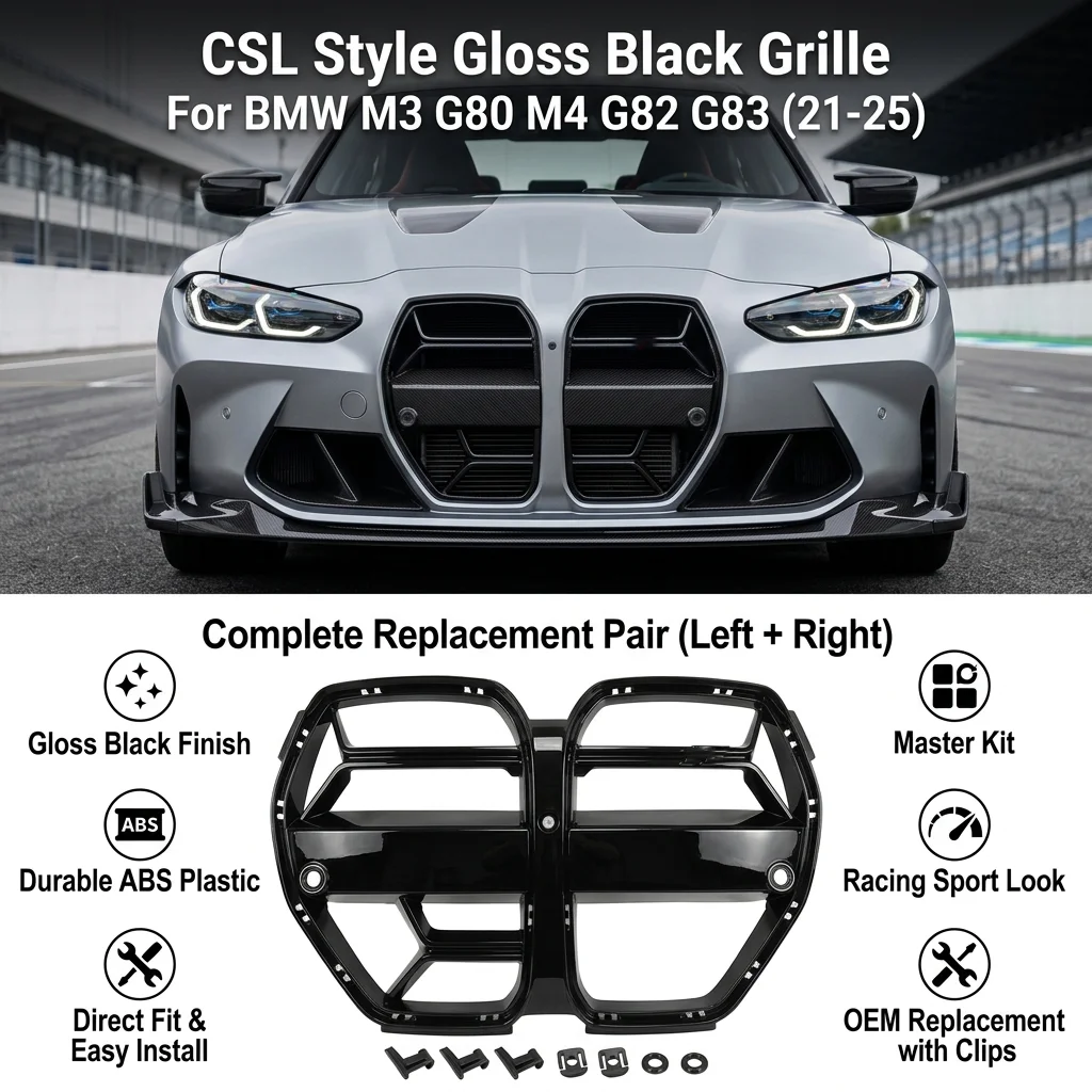 Für BMW M3 G80 M4 G82 G83 Frontstoßstangengrill CSL-Stil Glänzend Schwarzer Kühlergrill 21-25 Ersatz-Frontstoßstangengitter aus ABS-Kunststoff, langlebig, direkte Passform, einfache Montage,