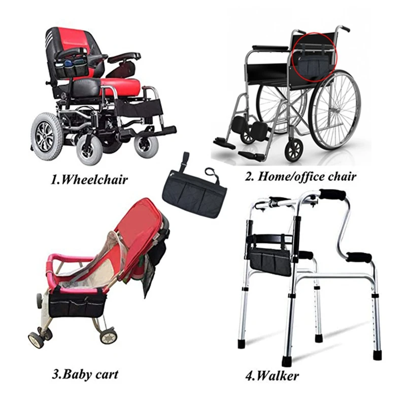 Wheelchair Armrest Storage Bag, Side Bags To Hang On Side With Waterproof Black Walker Storage Pouches For Baby Cart