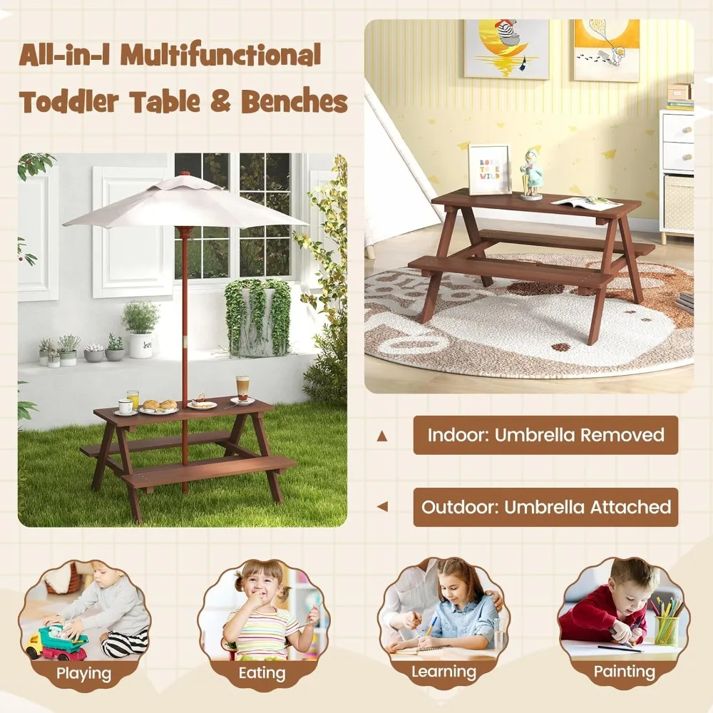 Houten picknicktafelset voor kinderen met afneembare paraplu, activiteitenmeubilair voor peuters voor buiten in de tuin