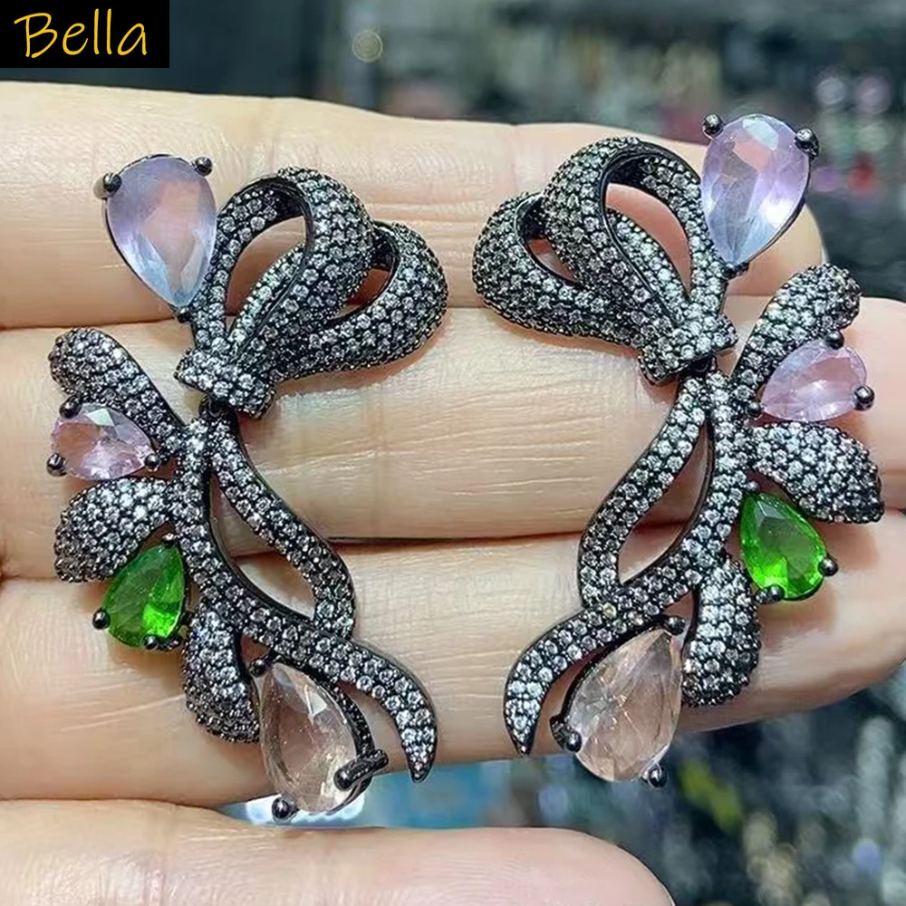 

fashion unique cubic zirconia earrings for women shiny jewelry gala event party bowknot leaf plant earrings female gift