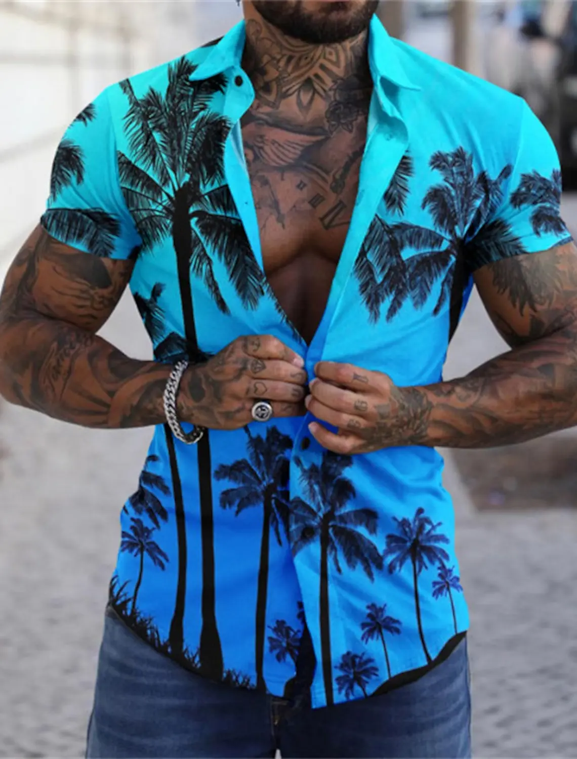 Men's Hawaiian Shirts Graphic Aloha Tree Turndown Sea 3D Print Street Daily Short Sleeve Button Clothing Palm Trees Beach