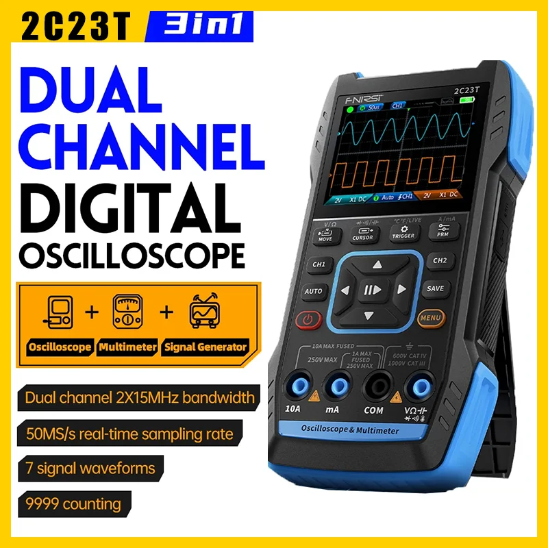 FNIRSI 2C23T Handheld Oscilloscope 3IN1 Dual Channel 10MHz * 2 50MS/s Digital Multimeter+Functional Signal Generator