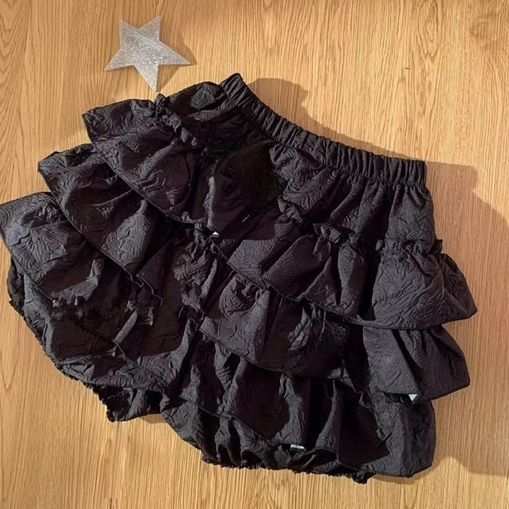 Damen Minirock Lolita Schwarz Gerüschter Spitzenbesatz Minirock mit Eingebauten Shorts Shoujo Girl Coquette Balletcore Sommer