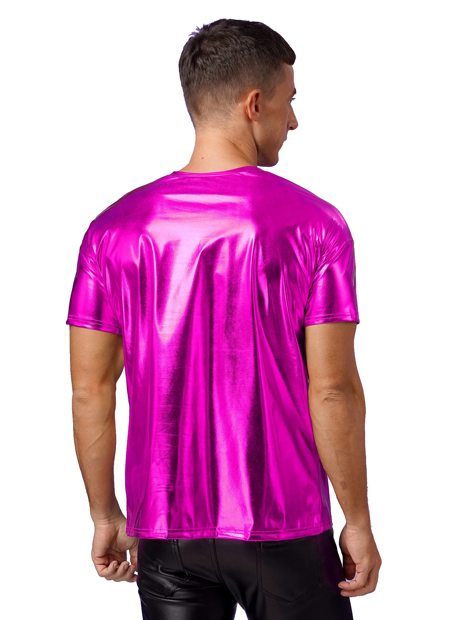 Mens Metallic Shinny Rave Dance Top Short Sleeve T-shirt Tops Round Neck Streetwear Music Festival Disco Pole Dance Clubwear