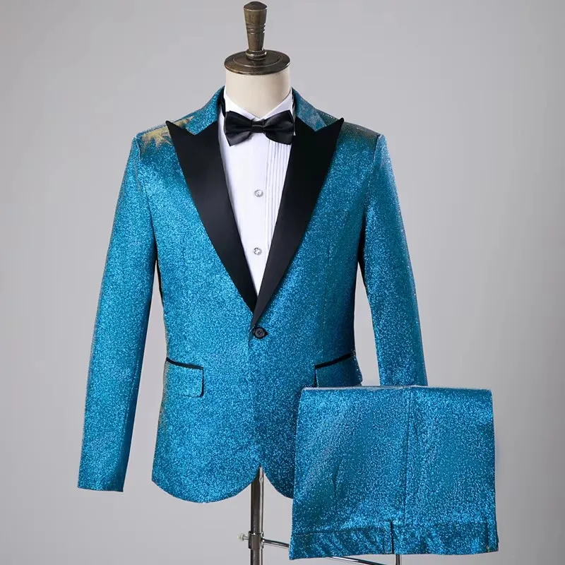 

Men's Bright Silk Stage Suit Blazers Pants Set Evening Party Host Formal Suits Singer Group Performance Gold Silver 2 Pcs