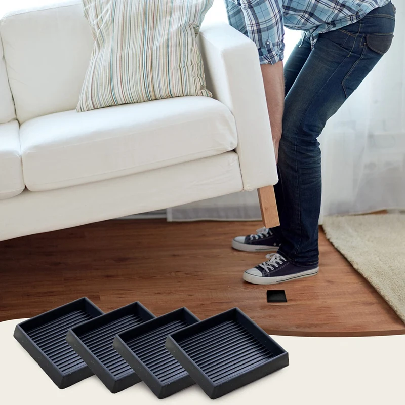 4Pcs Anti-Slip Furniture Pads- 2X2in Square Rubber Anti Skid Caster Cups, Leg Coasters-Couch, Chair, Bed Stoppers Easy Install