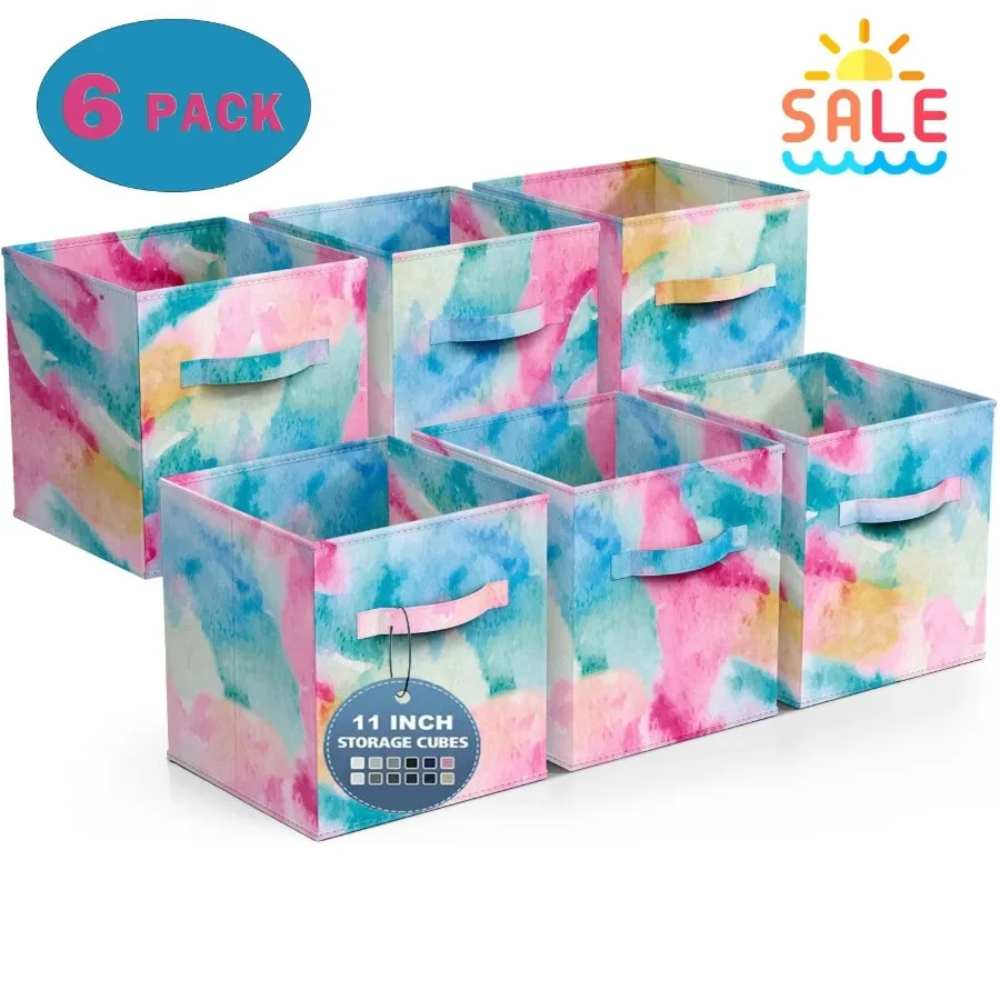 

Set of 6 Colorful Fabric Storage Cubes with Handles 11 Inch Foldable Cloth Organizer Bins Collapsible Storage Boxes for Closet