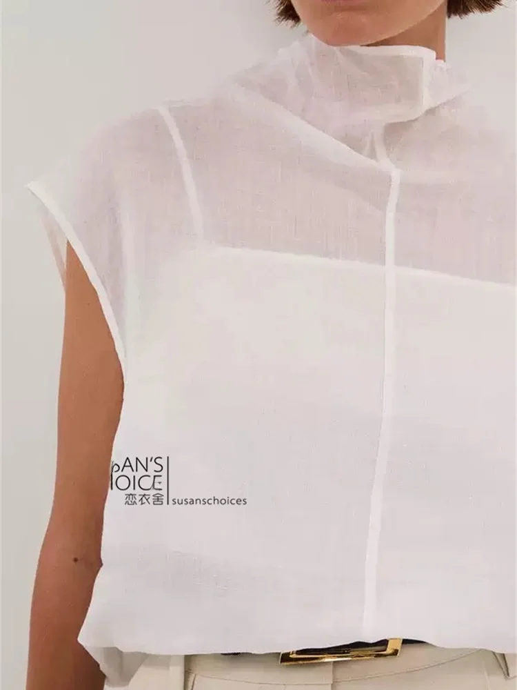 Susan Faion High Ne ort Sve Lin transparent irt Sli Simple Polyvalent Couleur blanche Blo Commute Sle Femme...