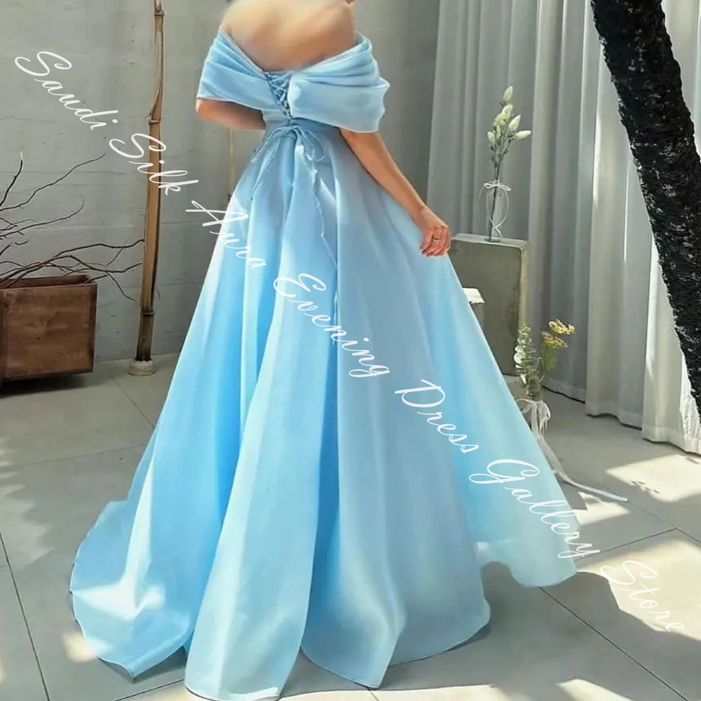Customized Off the Shoulder Sleeveless Satin Floor Length A-Line Evening Dress Panel Train Lace Up Back Temperament Saudi Arabia