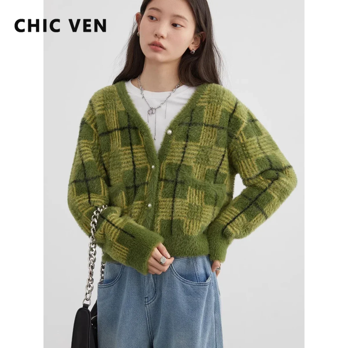 CHIC VEN Women\'s Cardigan Single Breasted New Vintage Plaid Sweater Soft Woman Jumpers Female Top Winter Autumn 2023