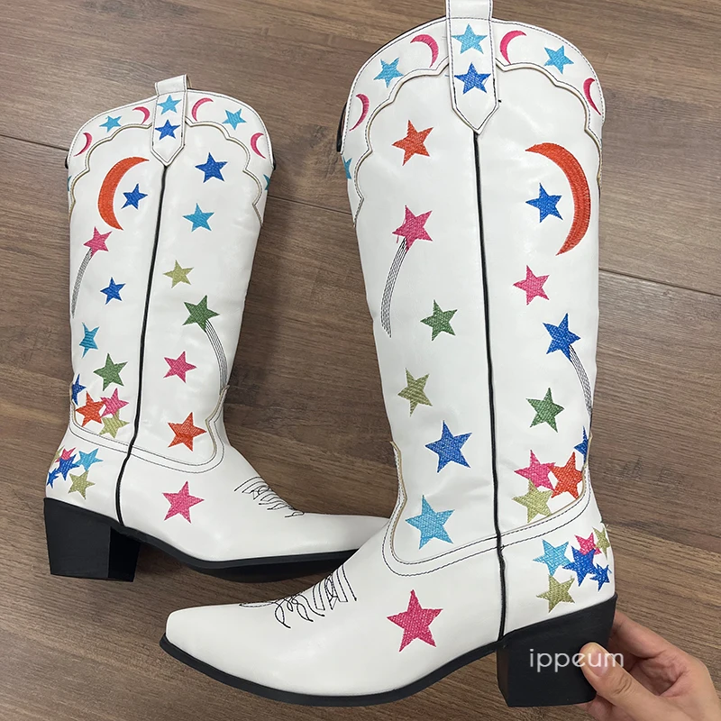 IPPEUM White Cowboy Boots Star Western Knee High Shoes For Women Plus Size 43 Cowgirl Vintage Embroider Botte Cowboy Femme