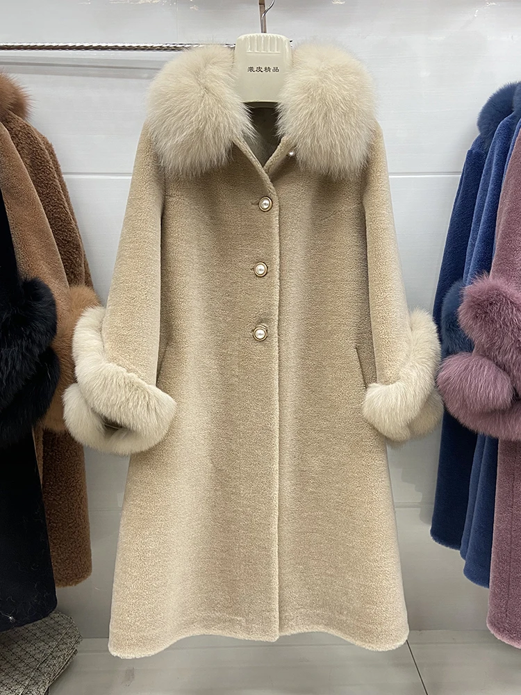 Women Winter Classic 100% Woolen Real Sheep Fur Long Jacket Coat With Natural Fox Fur Collar Cuff Long Woolen Warm Coat